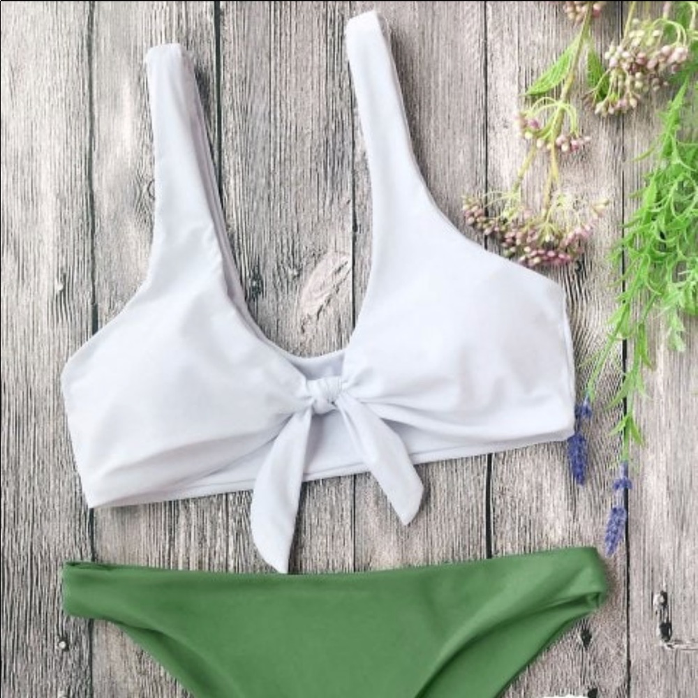 Padded Knotted Bralette Bikini Set -White & Green